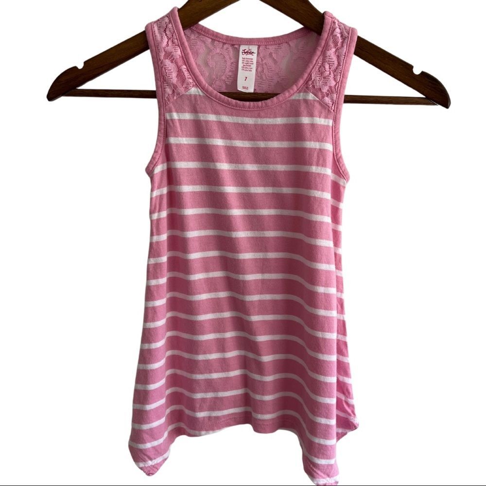 Pink + White Striped Justice Tank Top handkerchief Hem Lace Top Girls Size 7